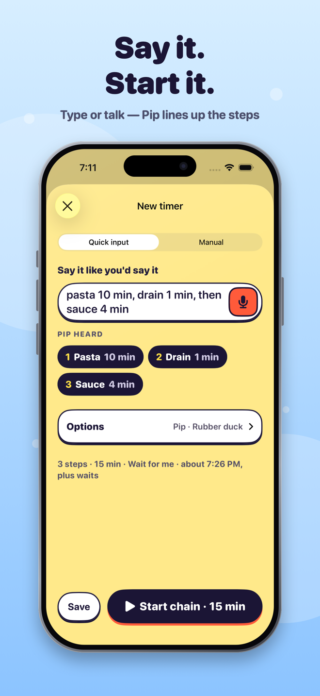 Pip app screenshot: Type or talk to make a timer